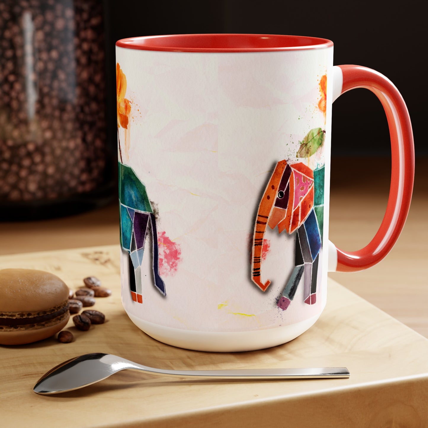 Two-Tone Coffee Mugs, 15oz, Kirigami Elephant Flower