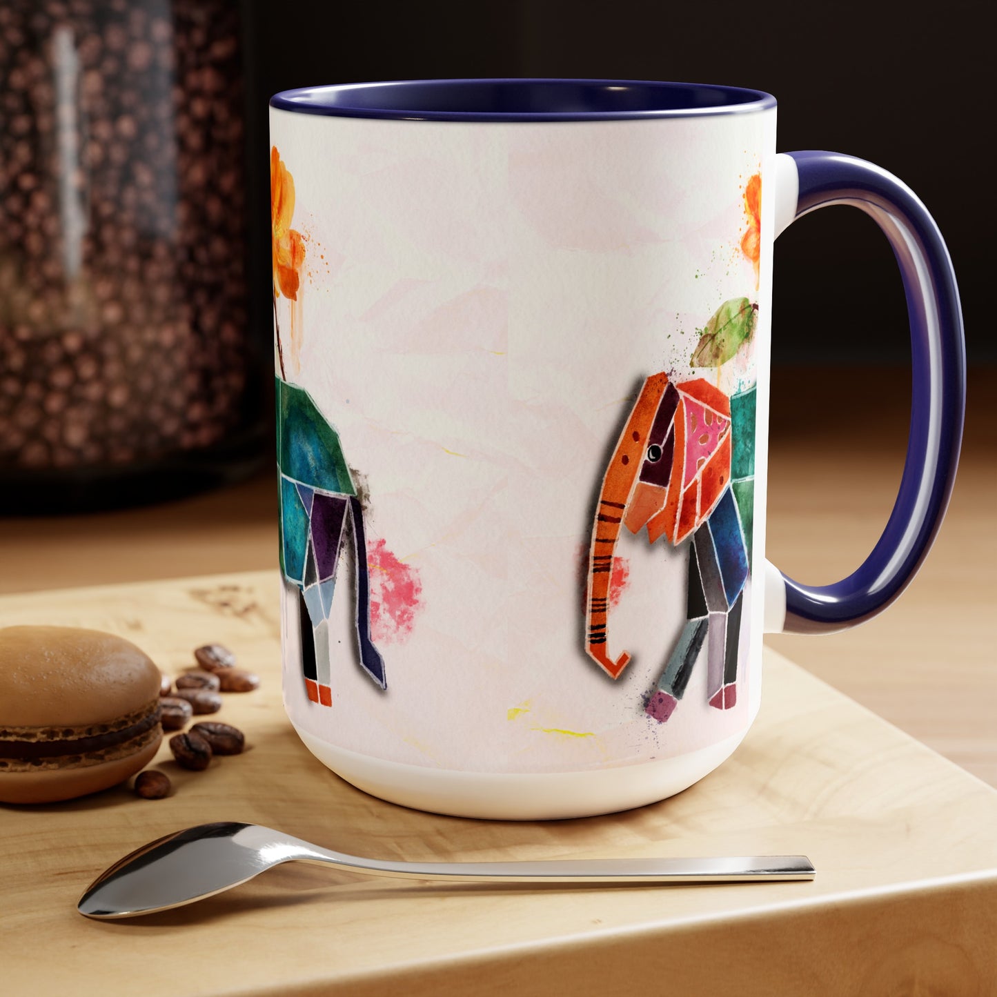 Two-Tone Coffee Mugs, 15oz, Kirigami Elephant Flower