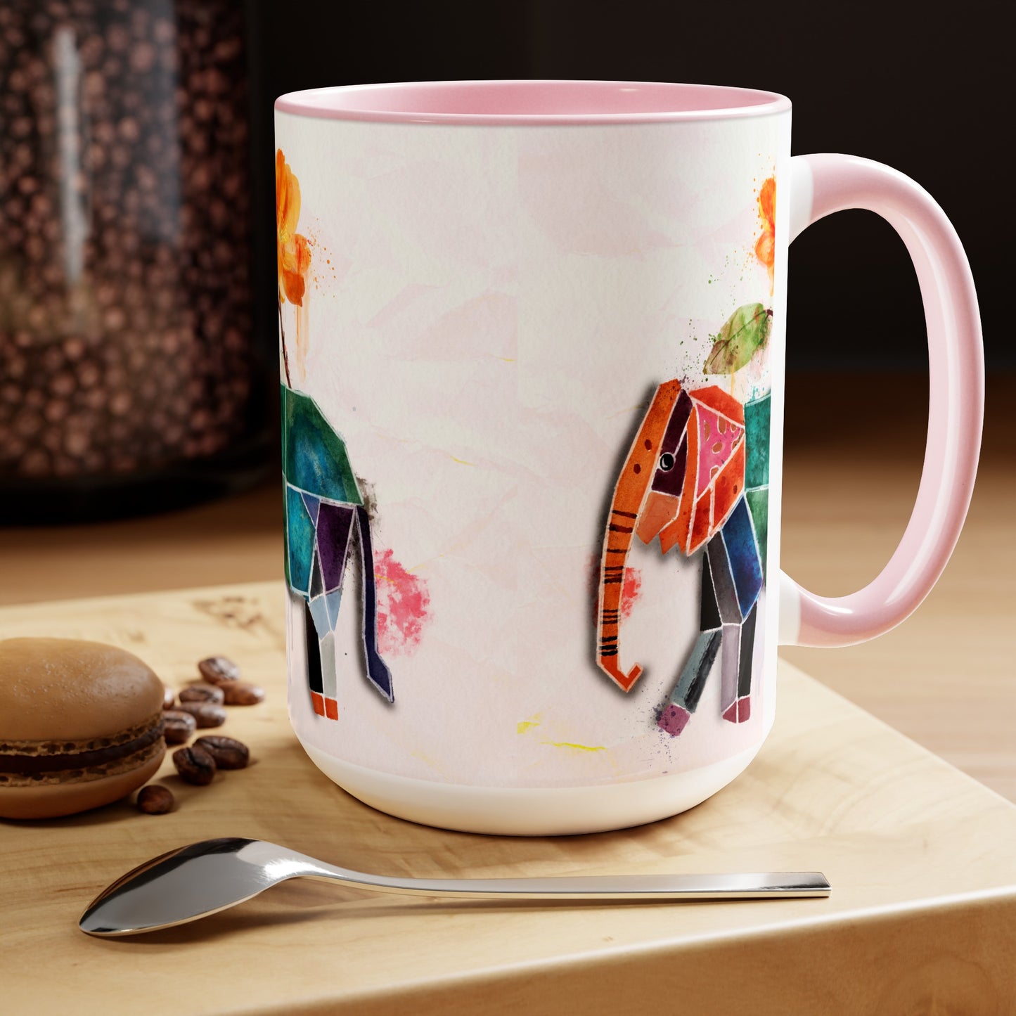 Two-Tone Coffee Mugs, 15oz, Kirigami Elephant Flower