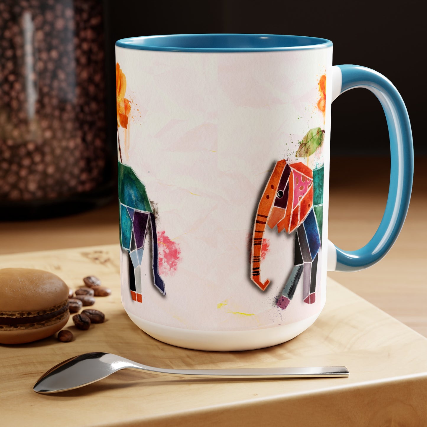 Two-Tone Coffee Mugs, 15oz, Kirigami Elephant Flower