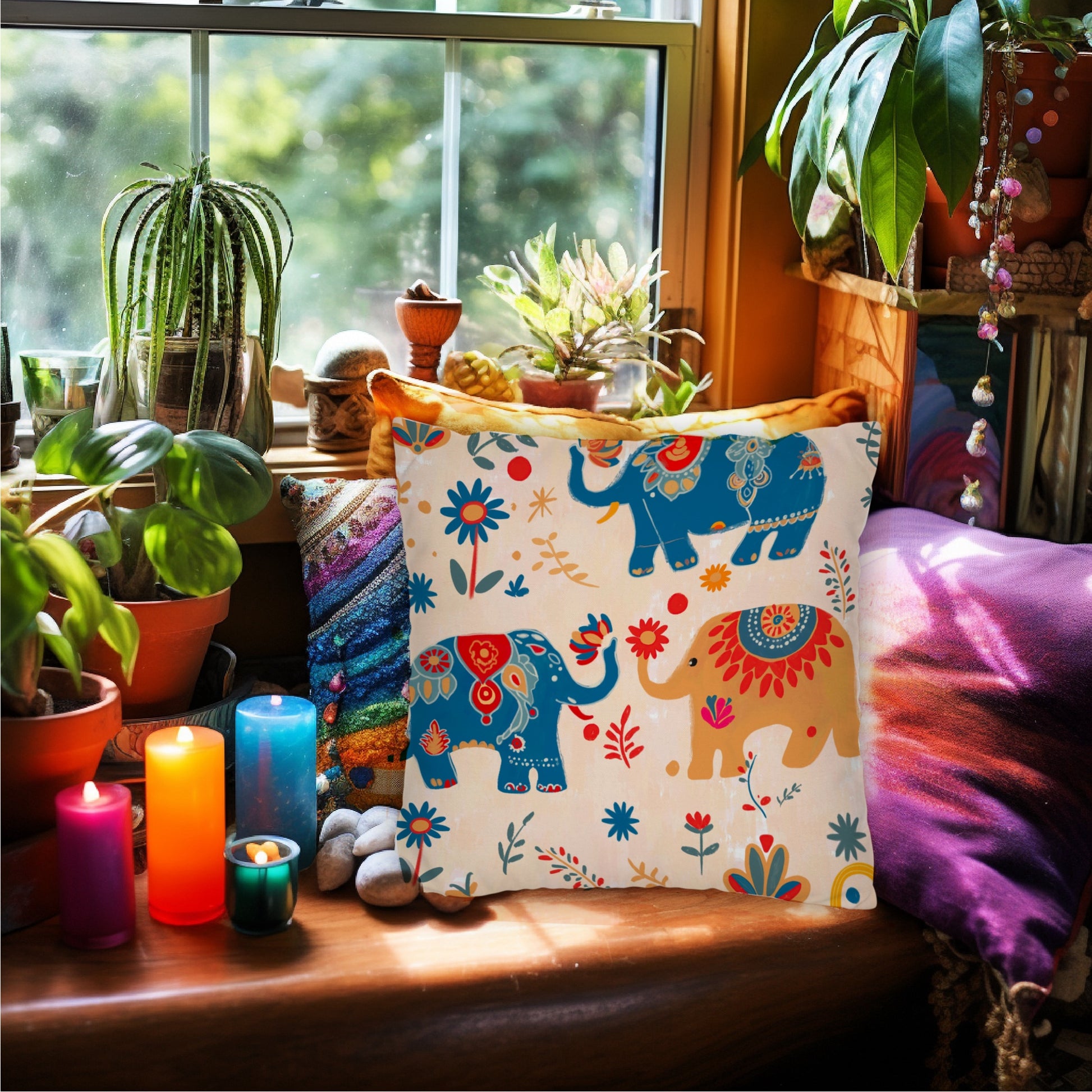 Lucky Elephants Spun Polyester Square Pillow