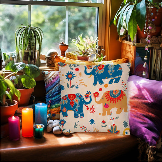 Lucky Elephants Spun Polyester Square Pillow